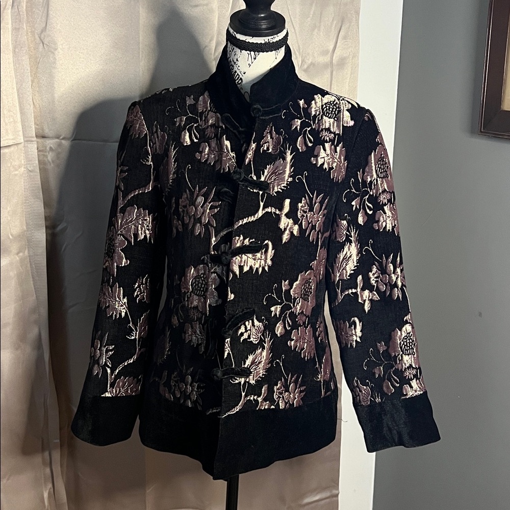 Gorgeous Floral Embroidered Metallic Dress Jacket with Knot Closures